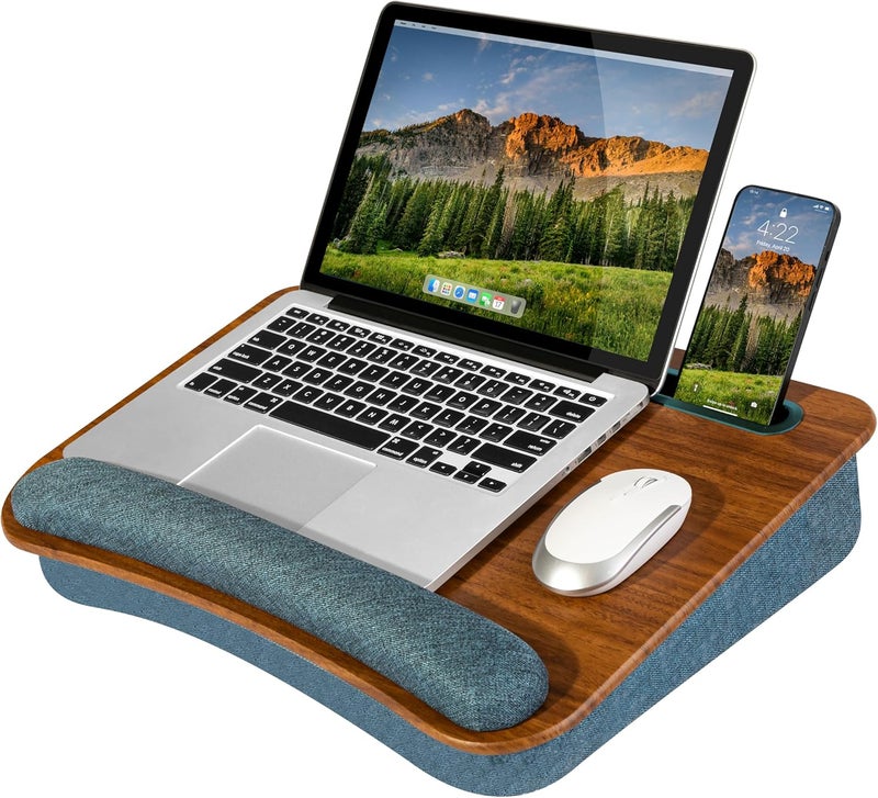 LapGear Portable Laptop Lap Desk with Pillow Cushion, Anti-Slip Strip, Tablet or Phone Storage Slot, Pen and Pencil Pocket, and Wrist Rest - Espresso Woodgrain - Fits 17.3" Laptops - Style No. 91342 - Image 1